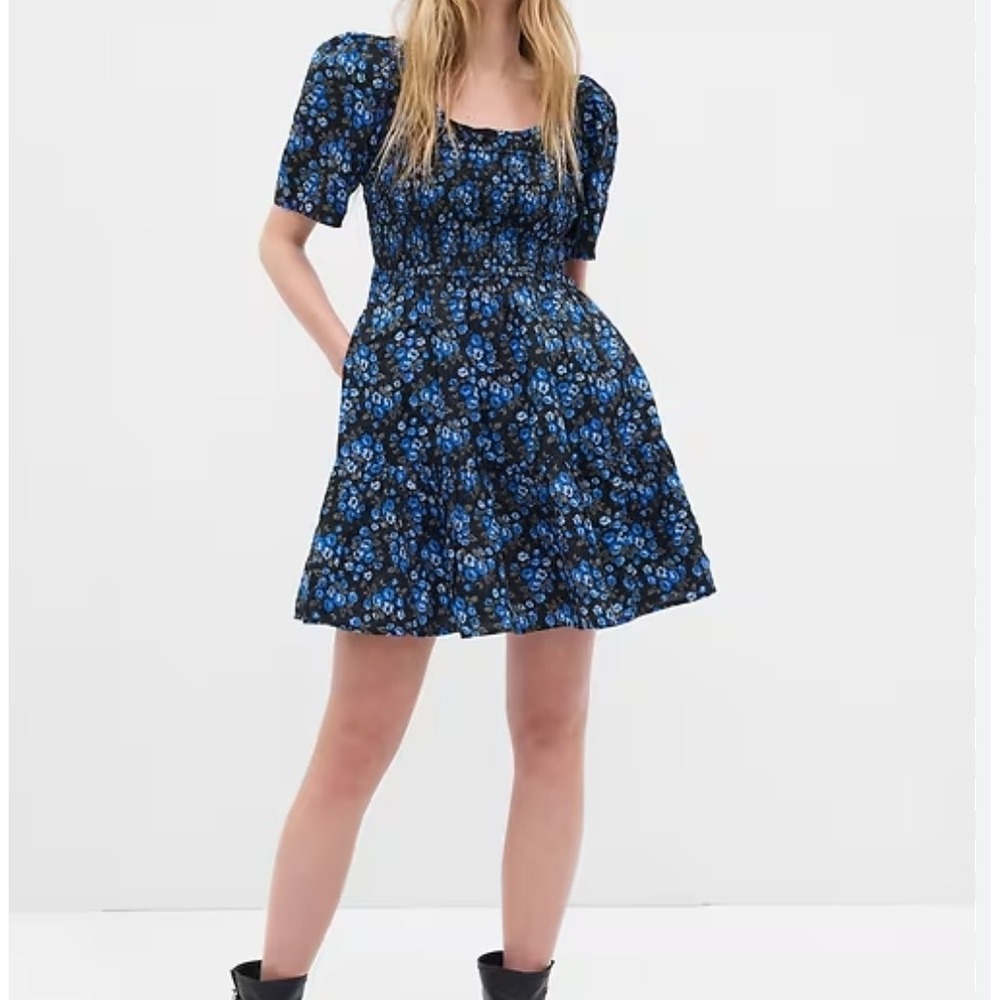 Gap Puff Sleeve Smocked Floral Mini Dress Women XS Blue Ditsy Floral Cottagecore